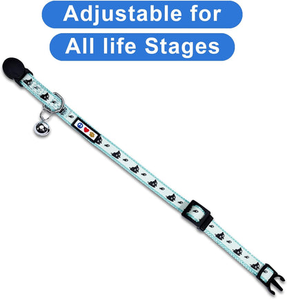 Cat collar with cat pattern and adjustable feature on a white background