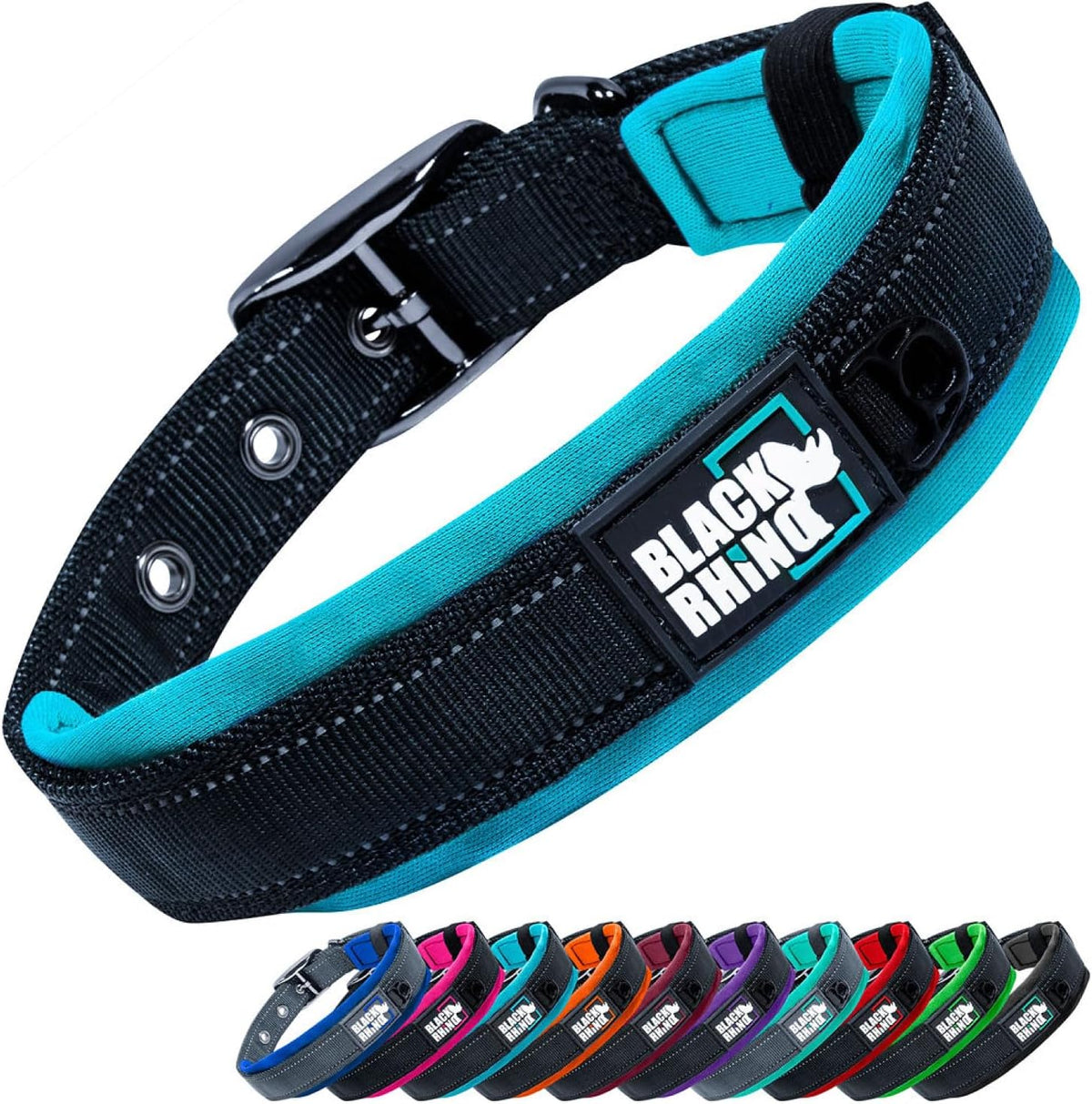 Black and teal dog collar with 'Black Rhino' branding, displayed with color options below on a white background.