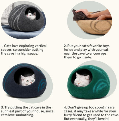 Cat cave with cats inside, instructions on how to use it, and a person petting a cat near the cave.